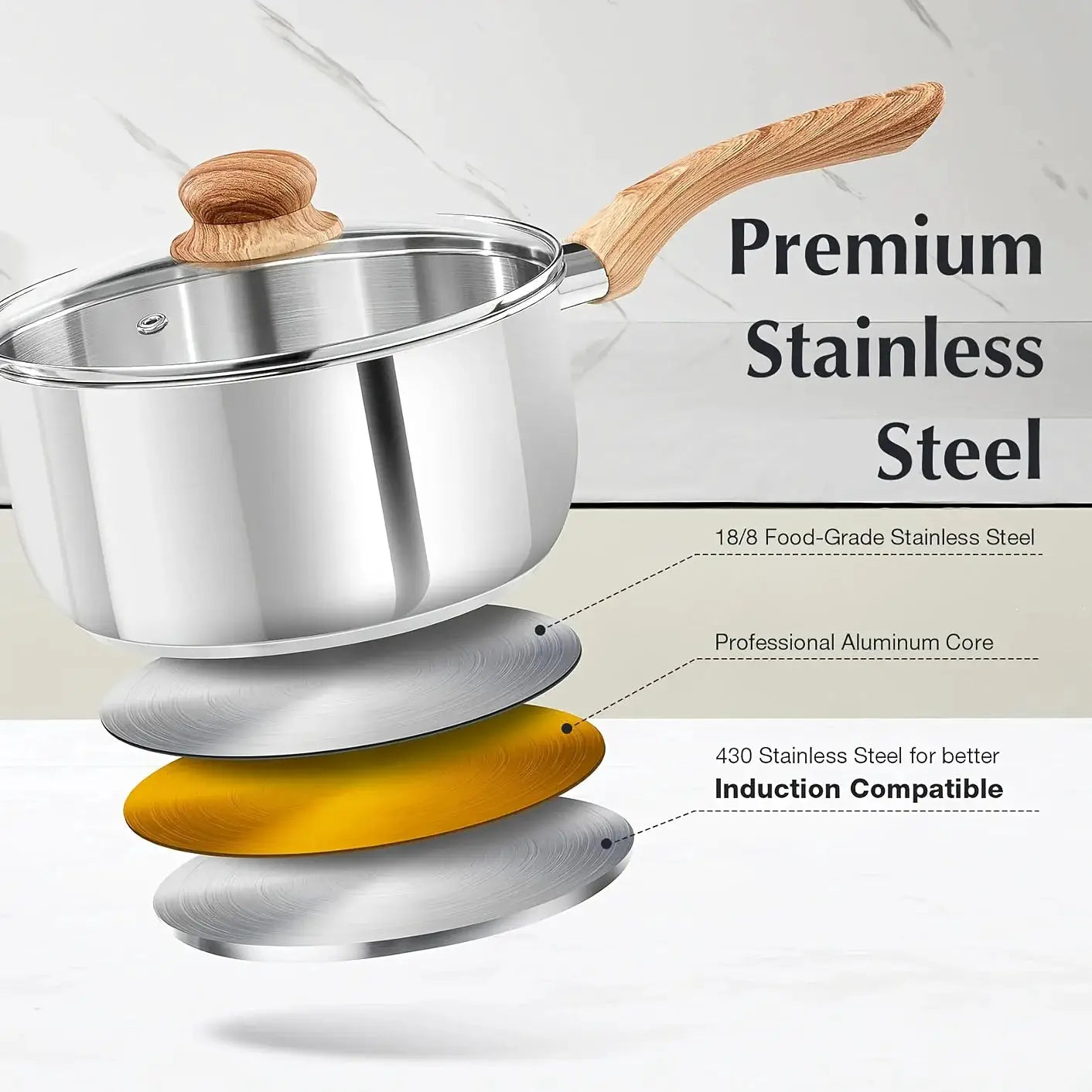 Set of 6 Stainless Steel Saucepans with Lids, Featuring a Cool-Touch Bakelite Handle, Including 1 QT, 2 QT, And 3 QT Sizes from PriceLows™