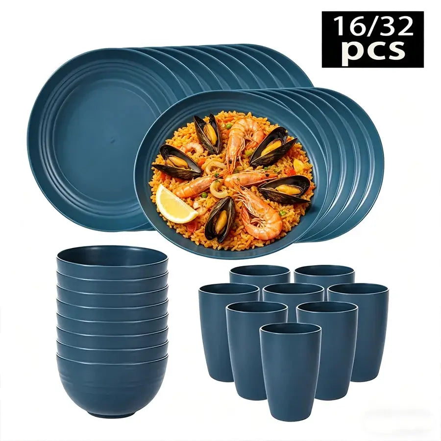 Cutlery set with cups, plates, and bowls, 16/32-piece set, dishwasher safe, off-white plastic bowls and plates, home set, suitab from PriceLows™