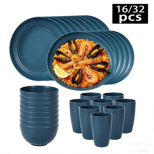 Cutlery set with cups, plates, and bowls, 16/32-piece set, dishwasher safe, off-white plastic bowls and plates, home set, suitab from PriceLows™