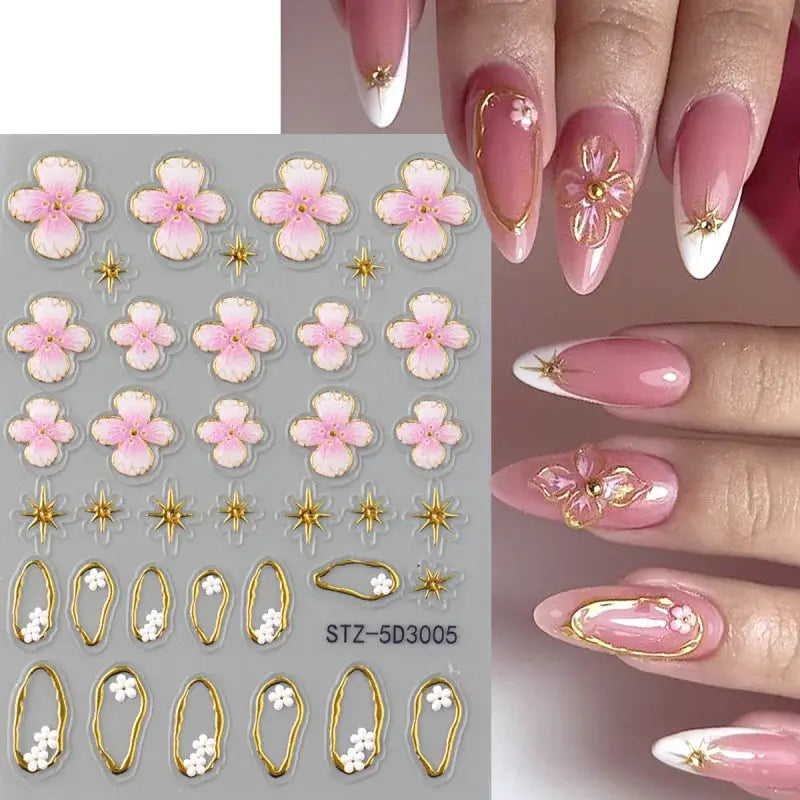 5D Floral Embossed Nail Stickers Bronzing Hibiscus Flower Petals Star Frame Elegant Nail Art Decals for Spring Summer Decor from PriceLows™