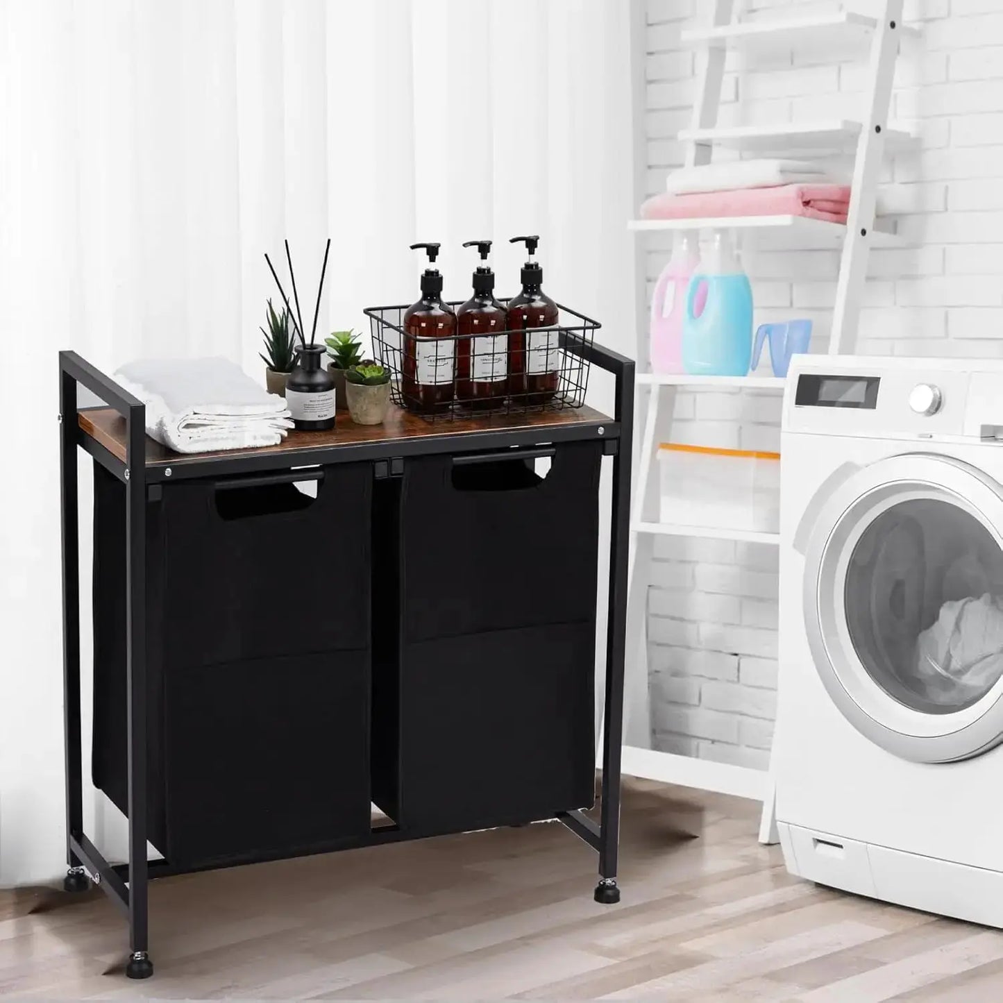 Laundry Basket with Shelf & Pull-Out Removable Bags Metal Frame Washing Basket with Storage Shelf Cloest Storage Organization from PriceLows™