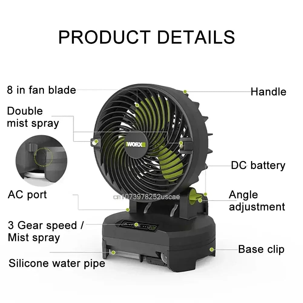 WORX 8inch Cordless Jobsite Fan 7M/s 2200rpm 100ml/min atomizer Rechargeable WU053 Universal 20v Green Battery Platform from PriceLows™