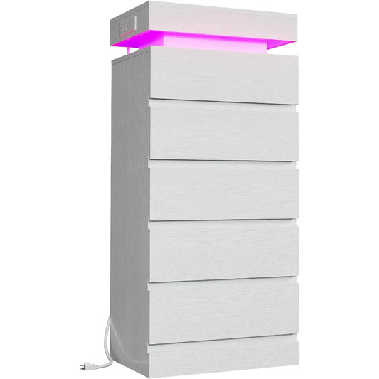 Dresser | LED Lighting | Power Outlet | 54 Inch 5 Drawer Wooden Chest