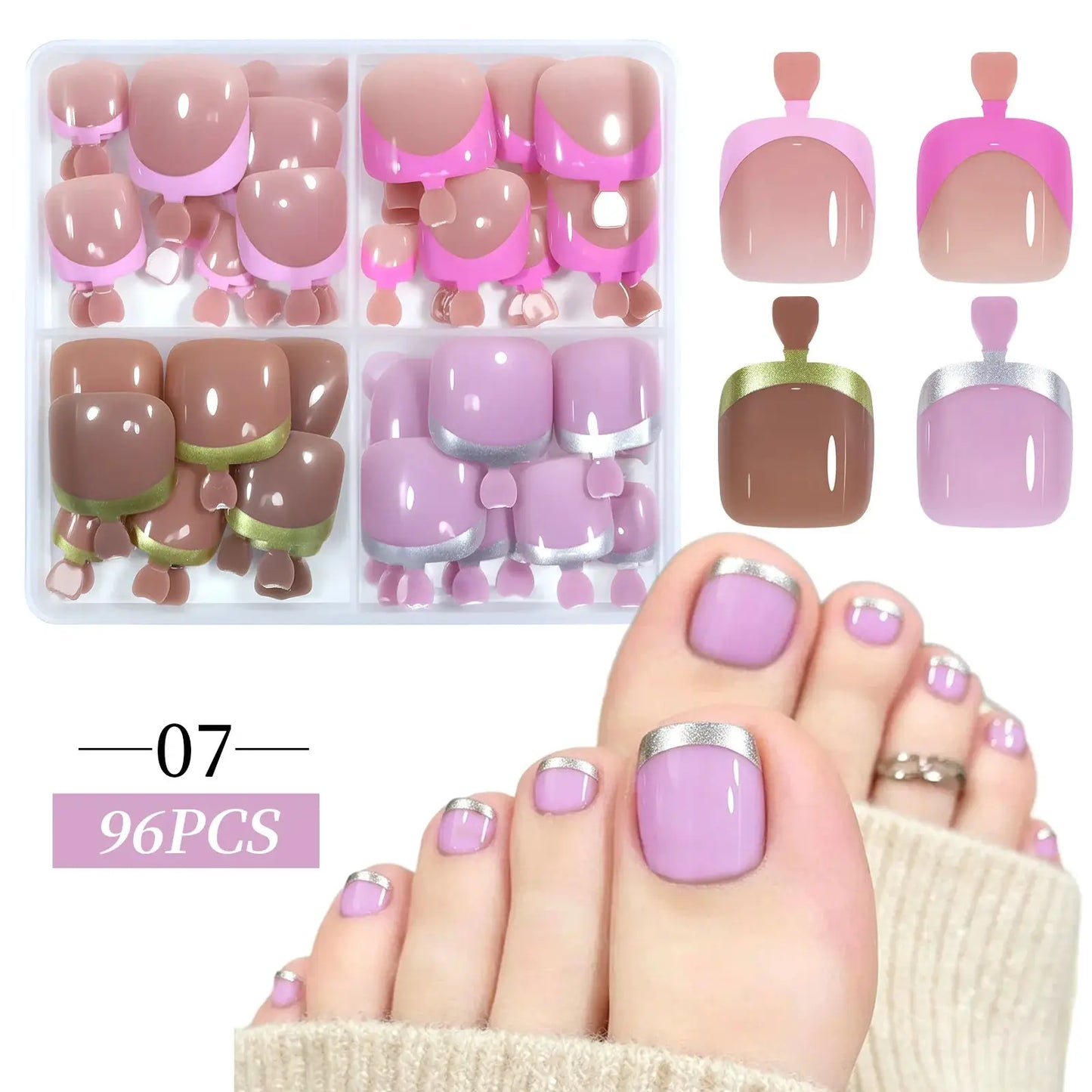 96pcs/Box French/Cat Eye Toe Nail Stickers Y2K Square Nail Tips Toe Press On Nails Pre-Designed Soft Gel Thickened Fake Toenails from PriceLows™
