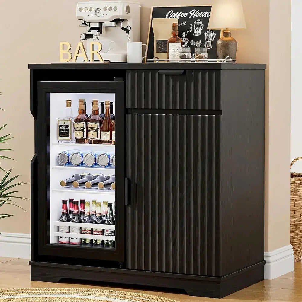 Ridge-Style Liquor and Wine Bar Cabinet with Refrigerator, Pull-Out Drawer & Storage, 31.5 for Home, Kitchen, Dining Room in Bla from PriceLows™