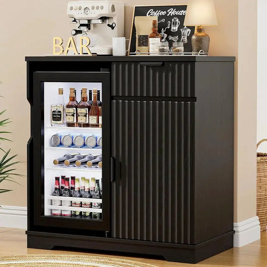 Ridge-Style Liquor and Wine Bar Cabinet with Refrigerator, Pull-Out Drawer & Storage, 31.5 for Home, Kitchen, Dining Room in Bla from PriceLows™