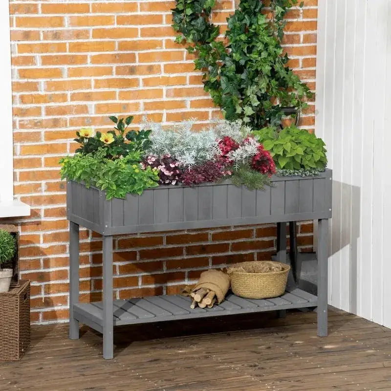 Wooden Raised Garden Bed, Elevated Planter Box Stand with 8 Slots and Open Shelf, Dark Gray from PriceLows™