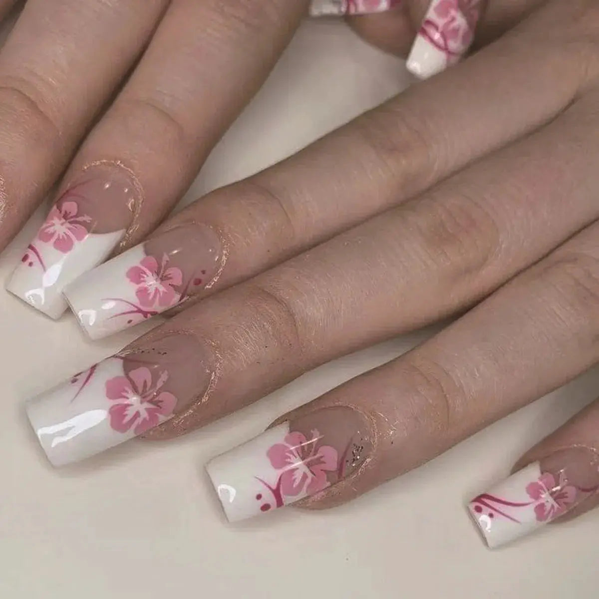 Press On Nails | Resin Coffin Shape | French Floral Print | 24 Pieces
