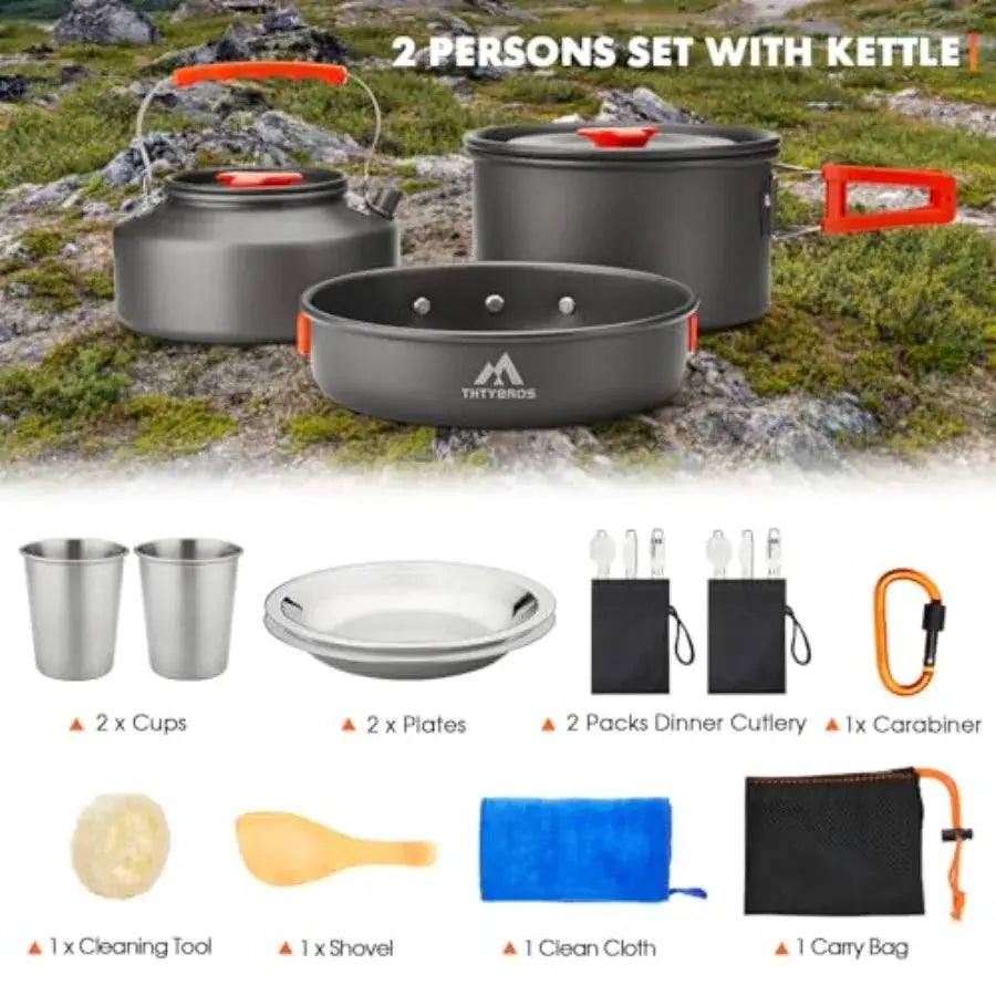 Camping Cookware Kit, 0.45Gal Pot, 7Inch Pan, 0.30Gal Kettle Set with 2 Set Stainless Steel Cups Plates Forks Knives Spoons for from PriceLows™