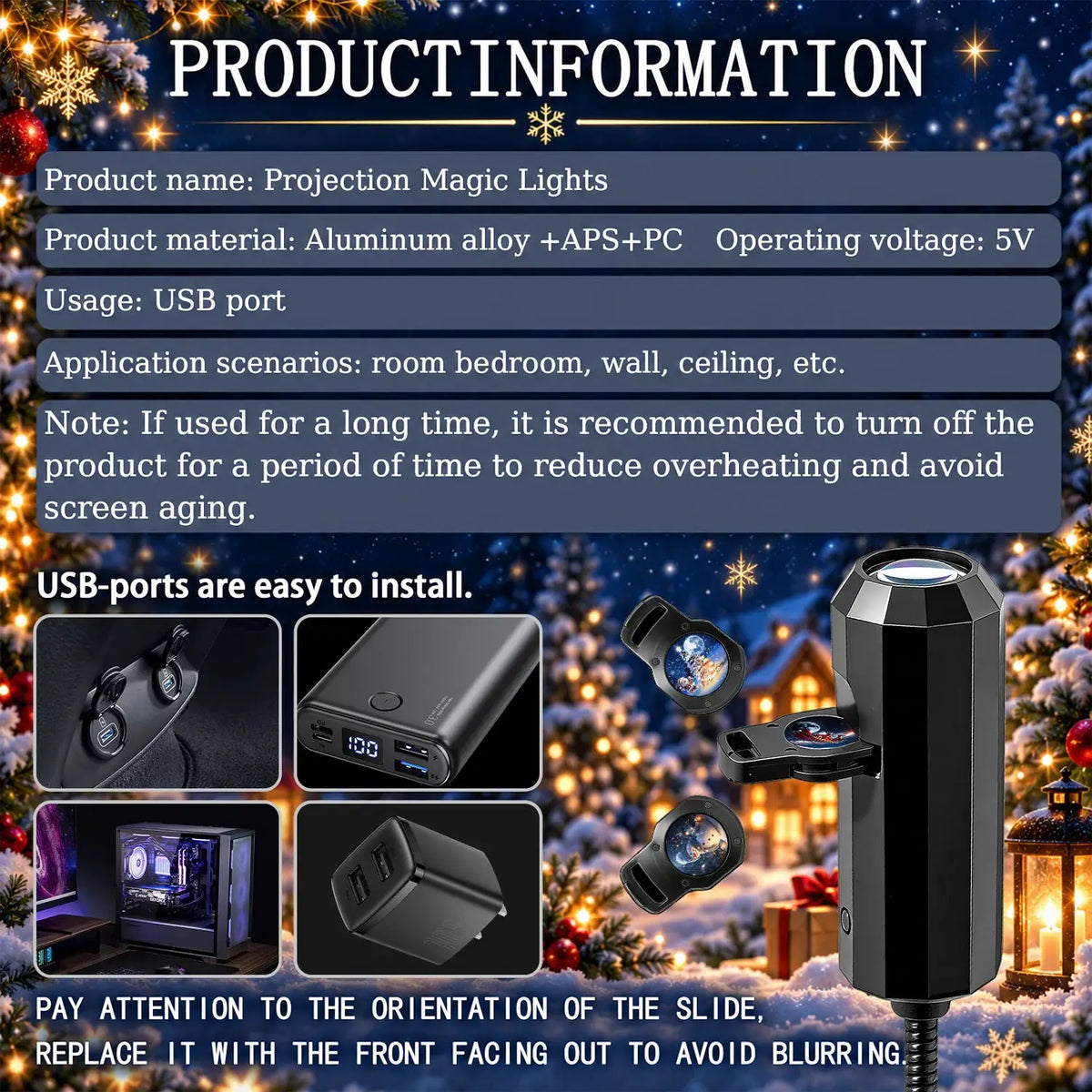 Christmas Projection Lamp | USB Powered | HD Patterns | Indoor Decor