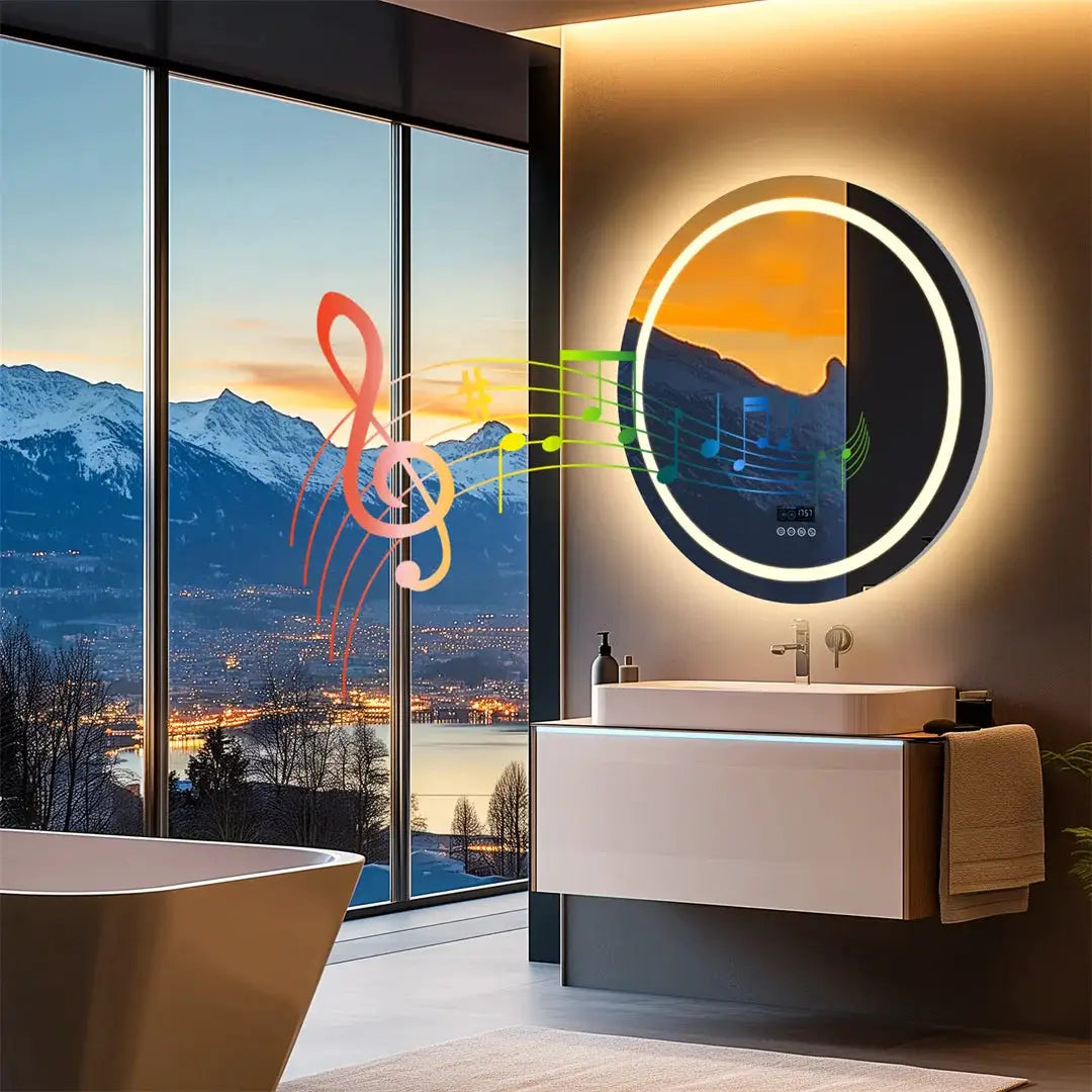 LUVODI Round Bathroom Mirror with Dual Bluetooth Speakers Anti-Fog Lighted Shower Vanity Mirror with Time Weather Display from PriceLows™