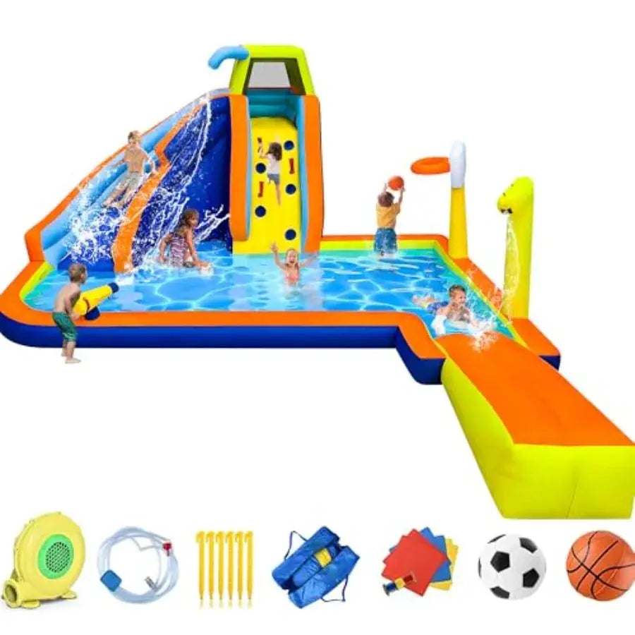 Inflatable Water Slide 8 in 1 Bounce House for Backyard Waterslide with Slide Climbing Wall Splash Pool Basketball Rim Sprinkle from PriceLows™