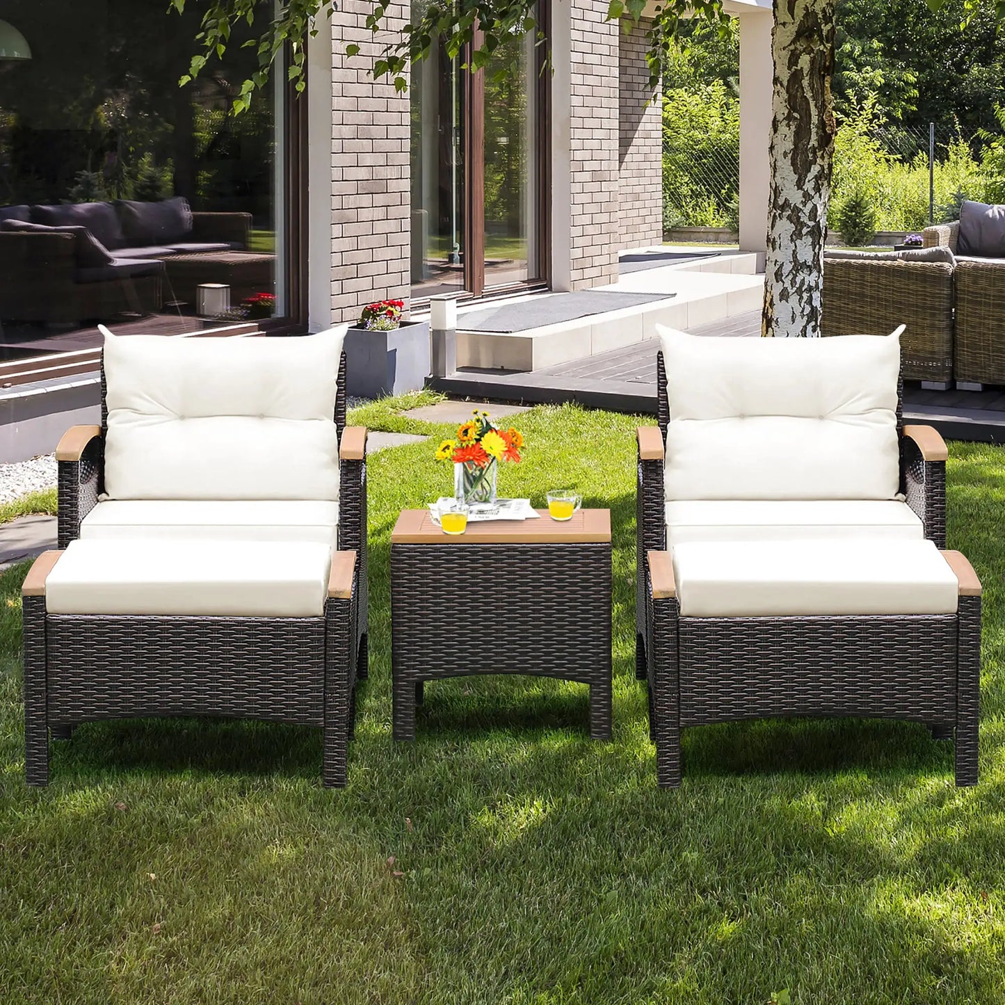 5PCS Patio Rattan Furniture Set Sofa Ottoman Cushioned Table W/Wood Top from PriceLows™