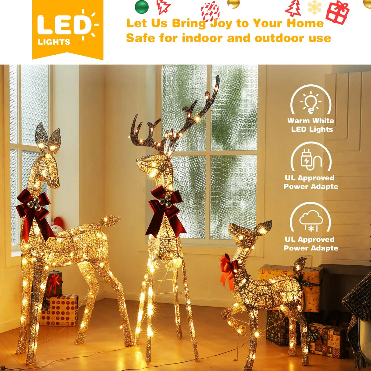 Christmas Deer Set | 3 Piece Pre Lit | 210 Warm LED Lights | Lawn Decor