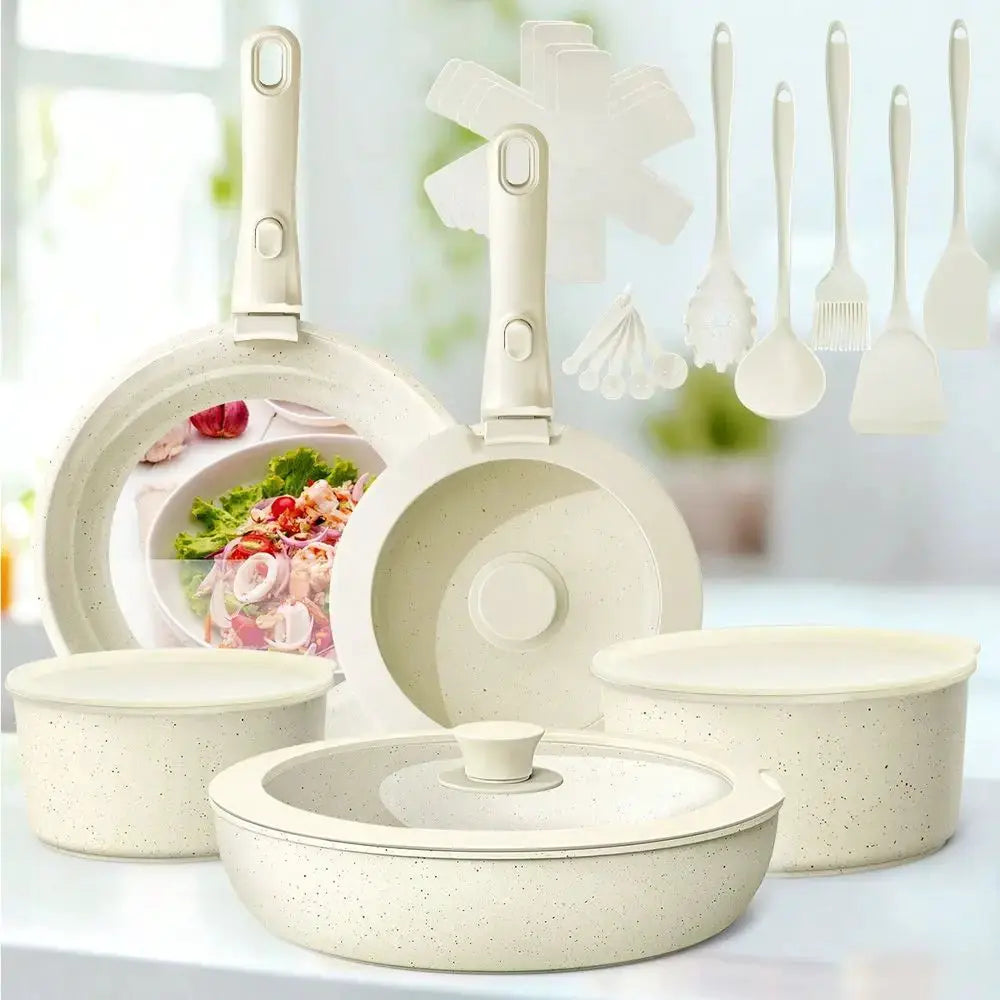 27pcs Ceramic Nonstick Kitchen Pots And Pans Set Cookware Sets With Removable Handles, Oven & Dishwasher, Stackable, Induction Ready, Including Frying Pans, Sauce Pans, Beige from PriceLows™