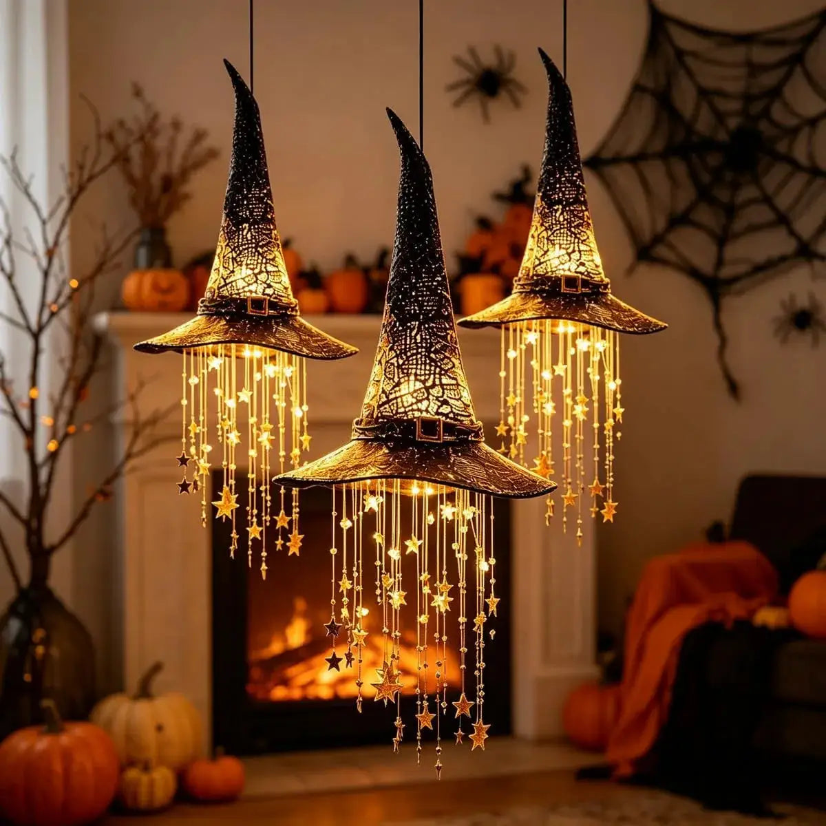 Lighted Witch Hat Hanging Chime | Halloween Outdoor Decor | Mesh Star Cascade