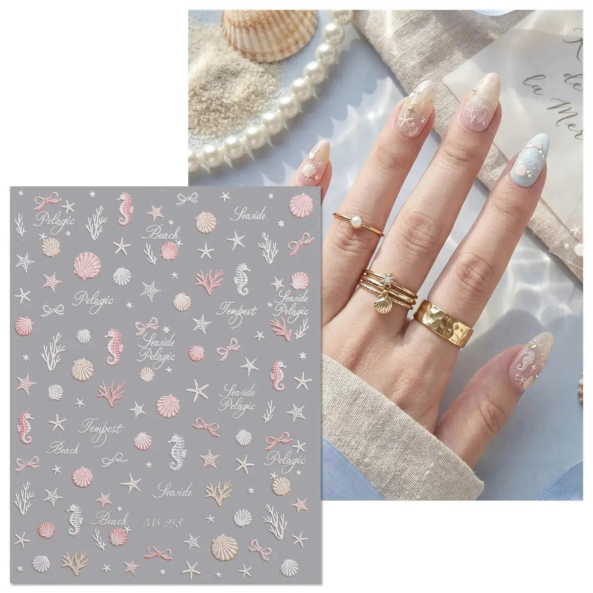 Aurora Ocean Shell Nail Stickers - Summer Beach 3D Relief Sea Star Seahorse Decals - Spring Vacation Nail Tech Supplies from PriceLows™