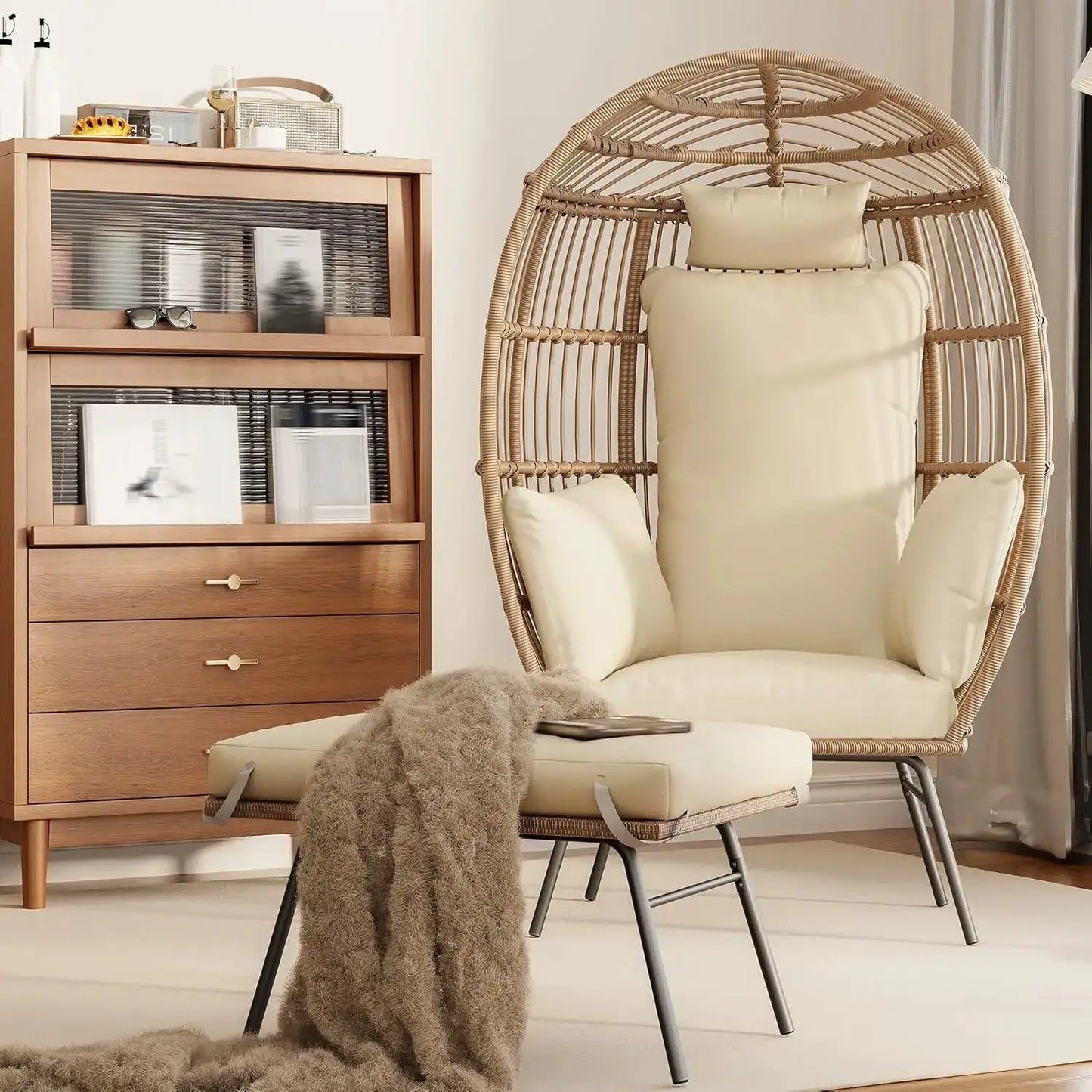 Wicker Egg Chair with Ottoman, Waterproof UV Resistant Patio Lounge Chair with Cushions, Accent Furniture for Garden, Balcony from PriceLows™