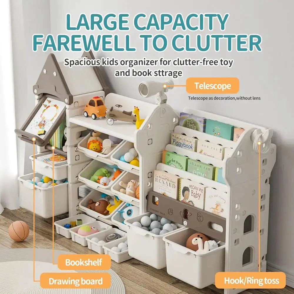 14-Bin Playroom Storage Organizer and Bookcase, Toddler HDPE Shelving with Ding Board, Suitable for Nursery, Bedroom, and Playro from PriceLows™
