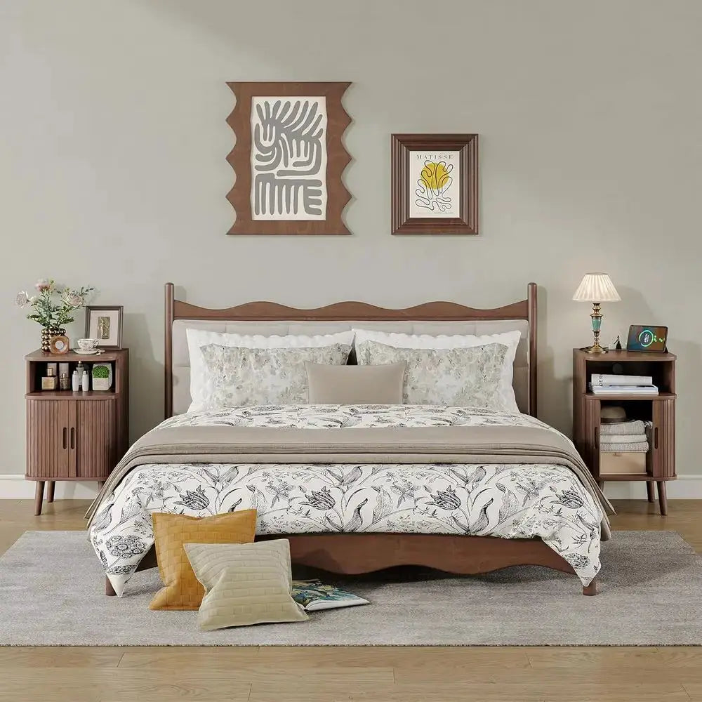 2-Piece Nightstand Set with Charging Station, Modern Walnut End Tables, Curved Edge Wood Side Table from PriceLows™