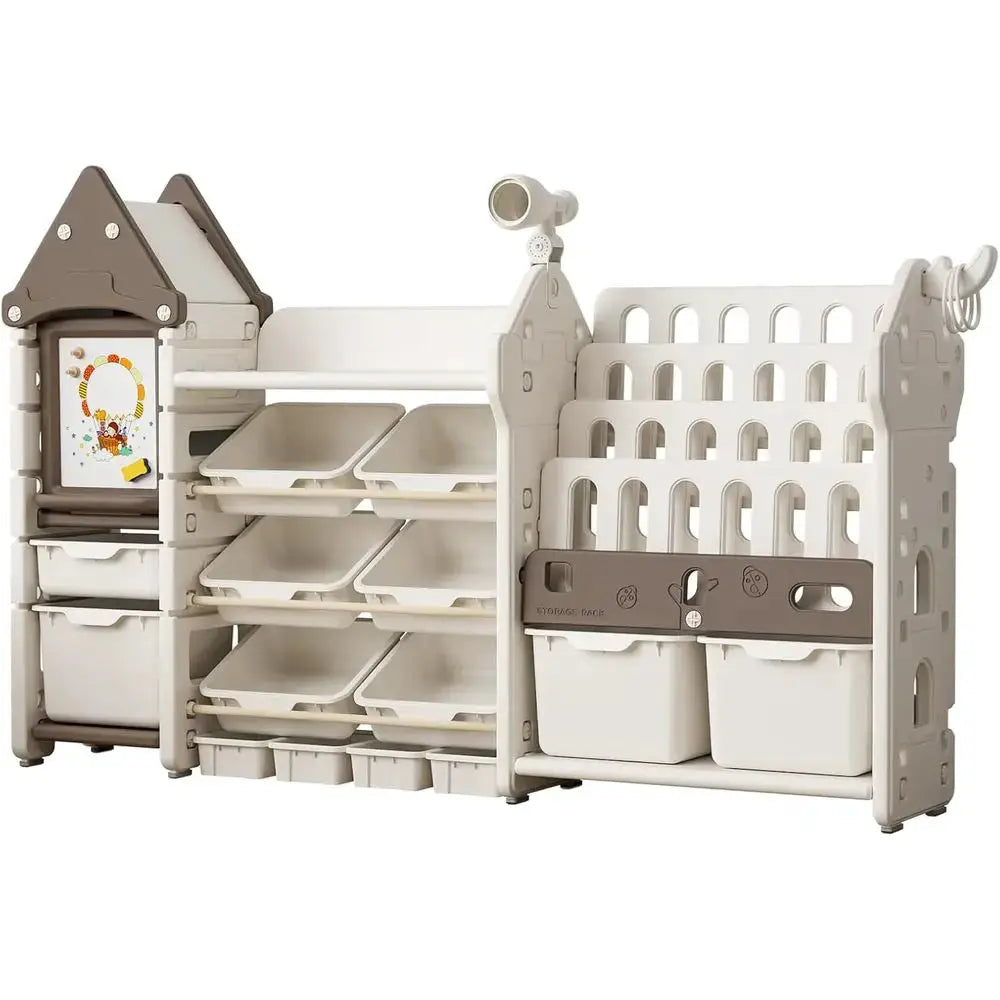 14-Bin Playroom Storage Organizer and Bookcase, Toddler HDPE Shelving with Ding Board, Suitable for Nursery, Bedroom, and Playro from PriceLows™