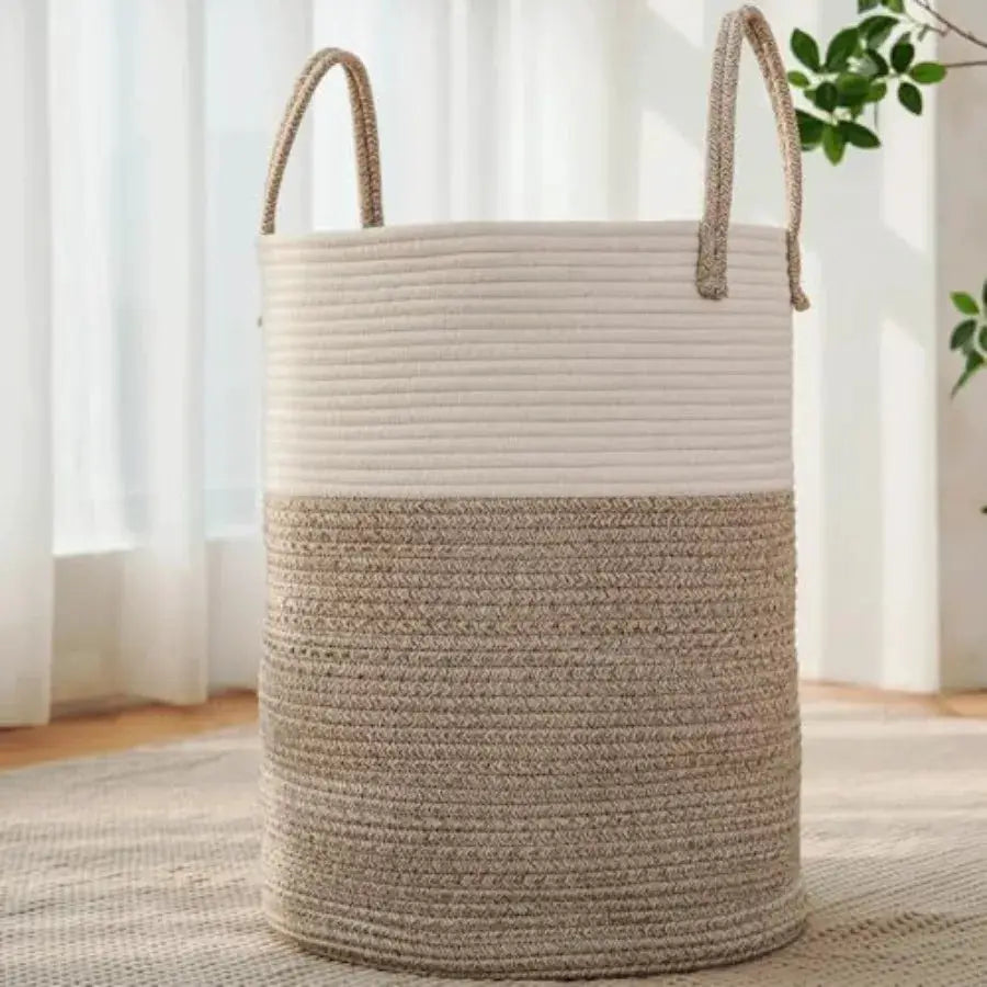 Large Woven Laundry Basket Hamper, Cotton Rope Storage Bin for Blankets, Toys and Clothes, Decorative Tall Nursery Hamper for L from PriceLows™