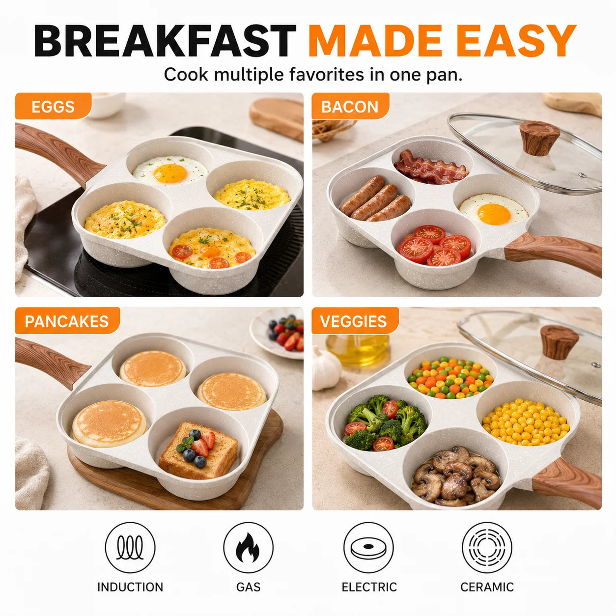 Egg Frying Pan | 4-Section Divided | Aluminum Alloy | With Glass Lid