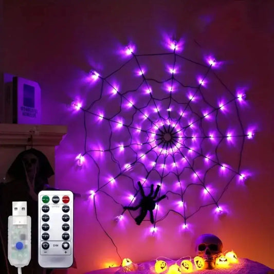 Halloween Spider Web LED String Lights with Plush Spider, USB Powered for Indoor Halloween Party, Haunted House, and Wall Decor from PriceLows™