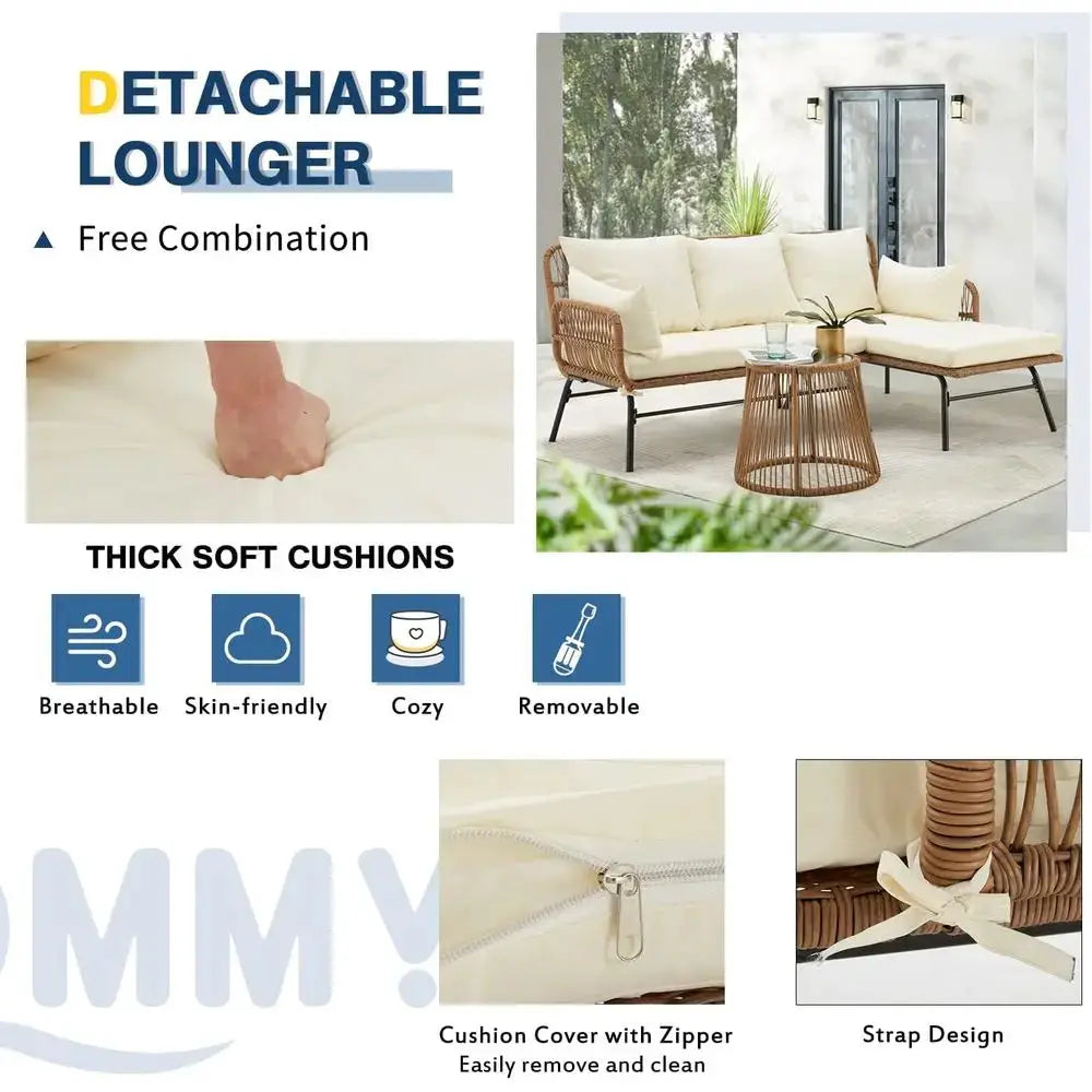 White Outdoor 3-Piece L-Shaped Sectional Sofa Set with Cushions and Glass Table for Patio, Balcony, or Garden from PriceLows™