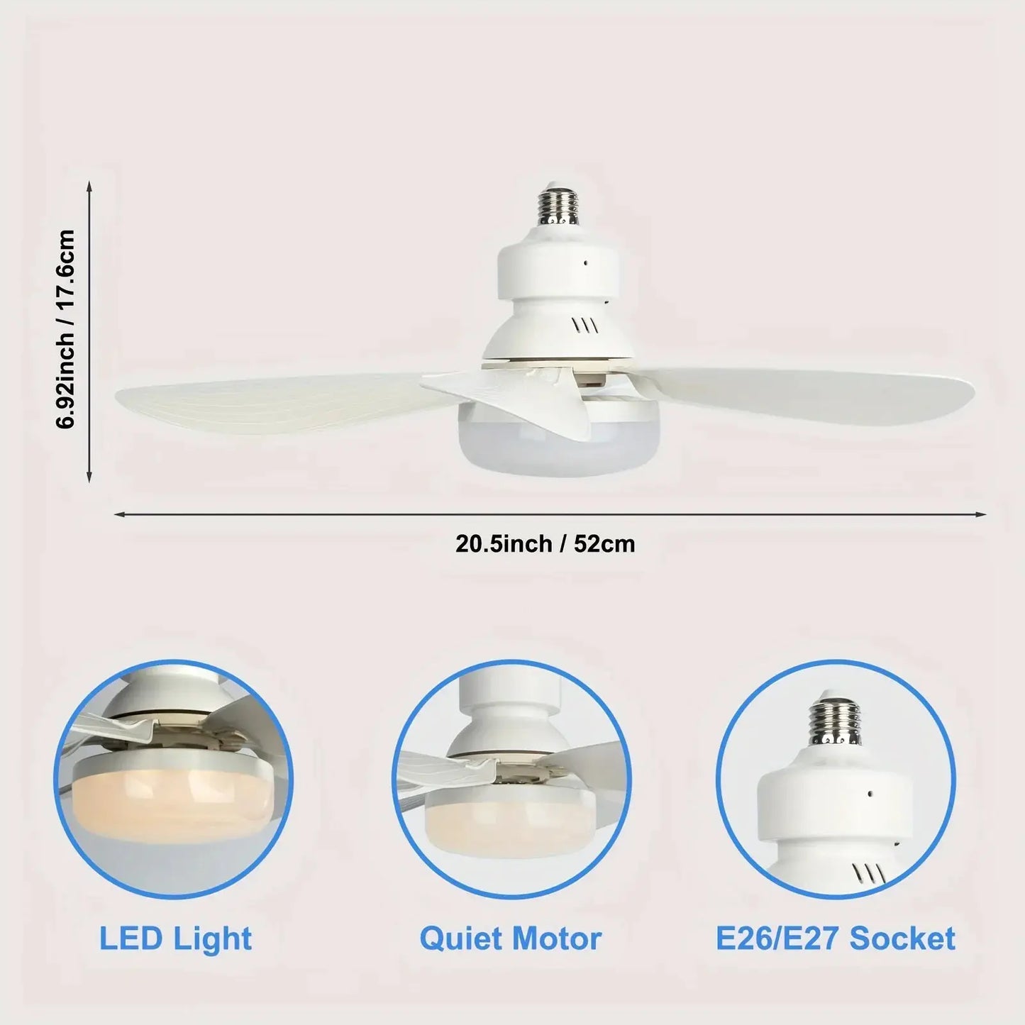 Ceiling Fan With Light | E26 E27 Base | Remote Included | 20.5in