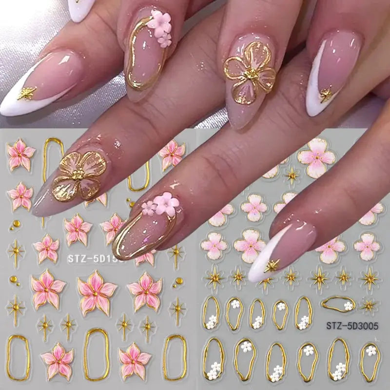 5D Floral Embossed Nail Stickers Bronzing Hibiscus Flower Petals Star Frame Elegant Nail Art Decals for Spring Summer Decor from PriceLows™
