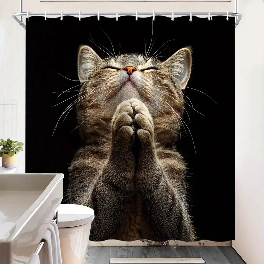 Funny Cat Shower Curtain, Praying Tabby Cat Print, Humorous Animal Bathroom Decor, Novelty Polyester Bath Curtain with Hooks from PriceLows™