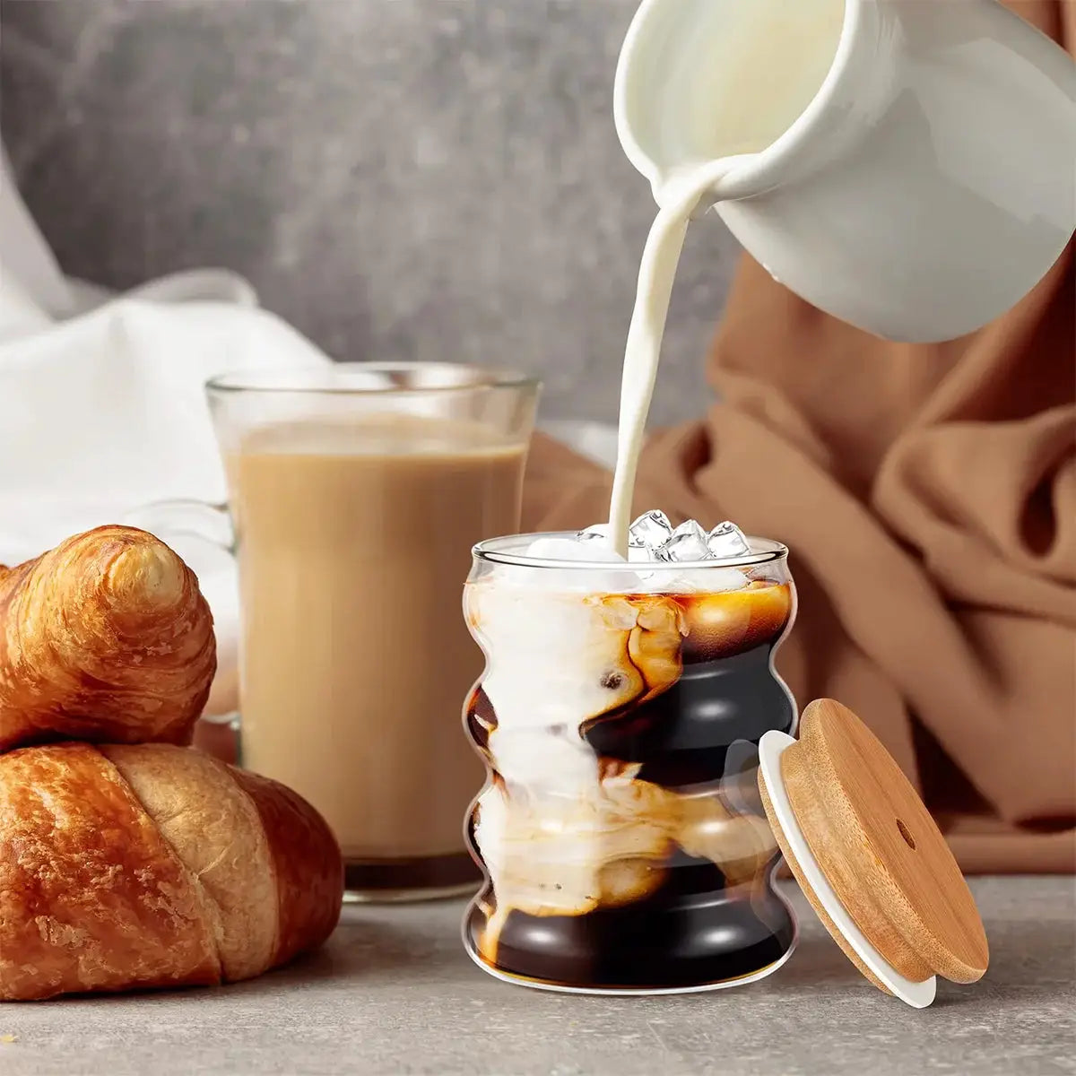 Leeseph 2pcs Creative Glass Cups with Lids and Straws Brush, Cute Cup Wave Shape Beverage Glasses for Juice Coffee Tea Ice Drink from PriceLows™