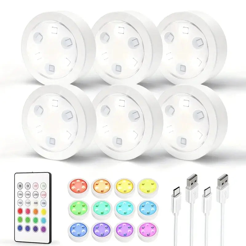 6-pack LED Cabinet Lights, Remote Control LED Push Light, 12 Color Modes, 1200 MAh Rechargeable Battery, For Hallway, Bathroom, from PriceLows™