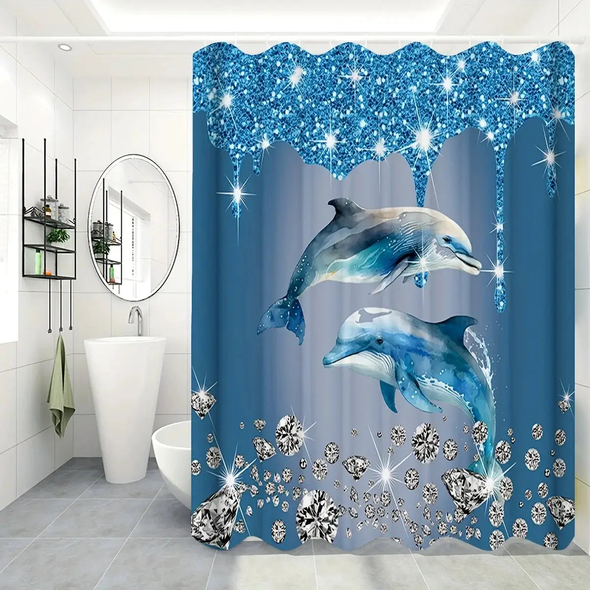 1pc Shower Curtain - Sparkling Dolphins with Shimmering Diamonds in a Deep Blue Ocean Design Waterproof from PriceLows™