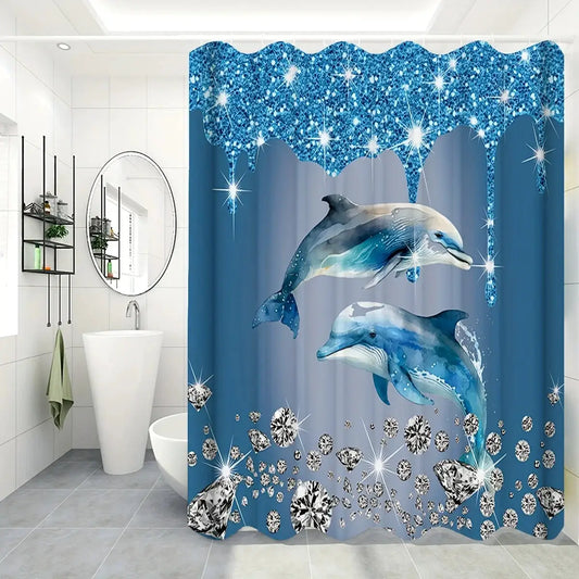 1pc Shower Curtain - Sparkling Dolphins with Shimmering Diamonds in a Deep Blue Ocean Design Waterproof from PriceLows™