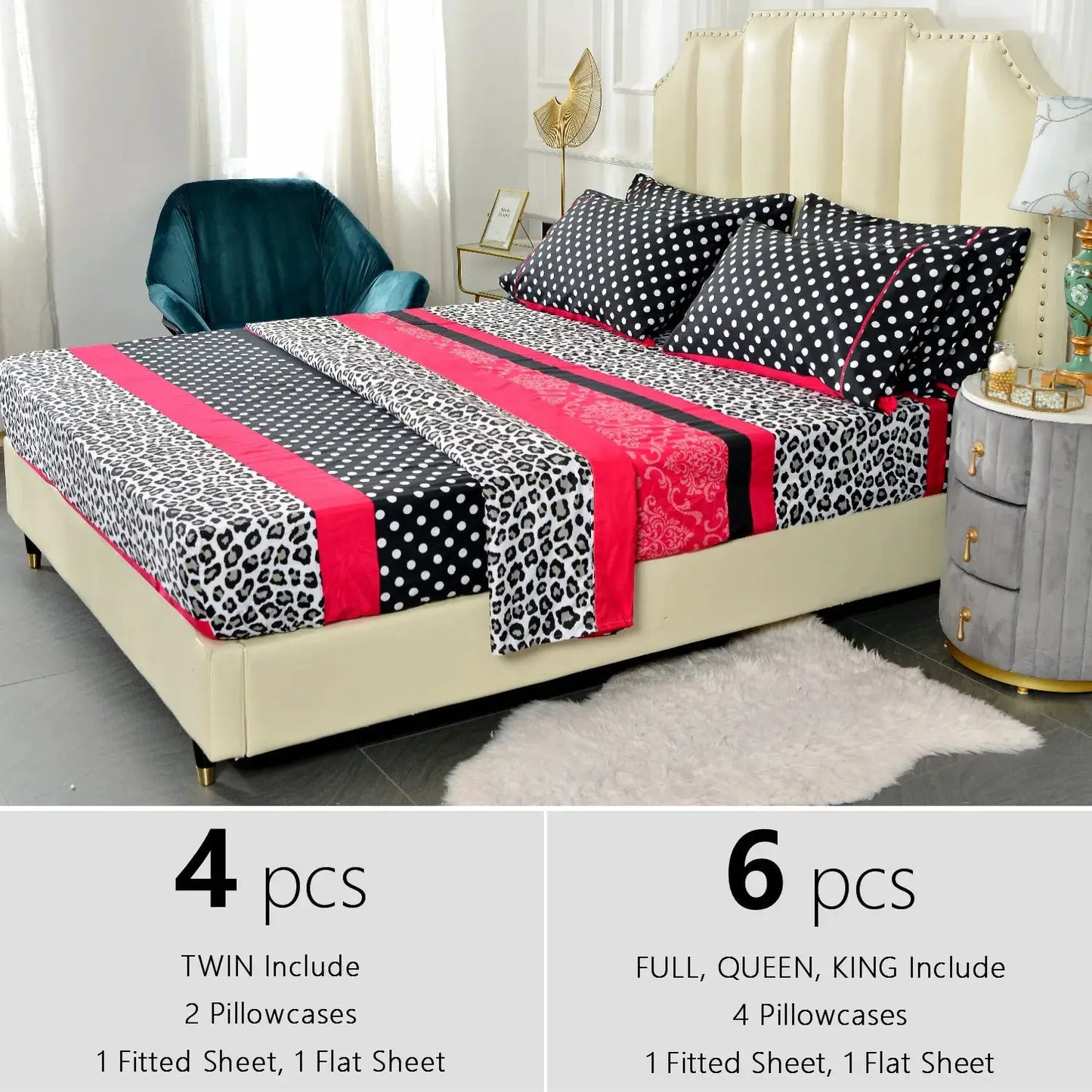us4/6pcs Printed Microfiber Bed Sheet Set – Easy Care, Lightweight, Breathable, and Soft - 14 inches Deep Pocket - Patchwork Patterned - Twin, Full, Queen and Kingd from PriceLows™