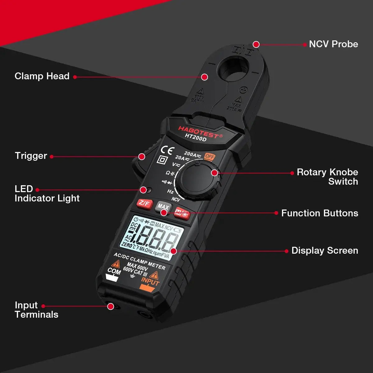 HABOTEST HT200D Digital Clamp Meter 2000 Counts True RMS NCV 600V Voltage 200A DC/AC Current Multimeter Clamp Current Meter from PriceLows™