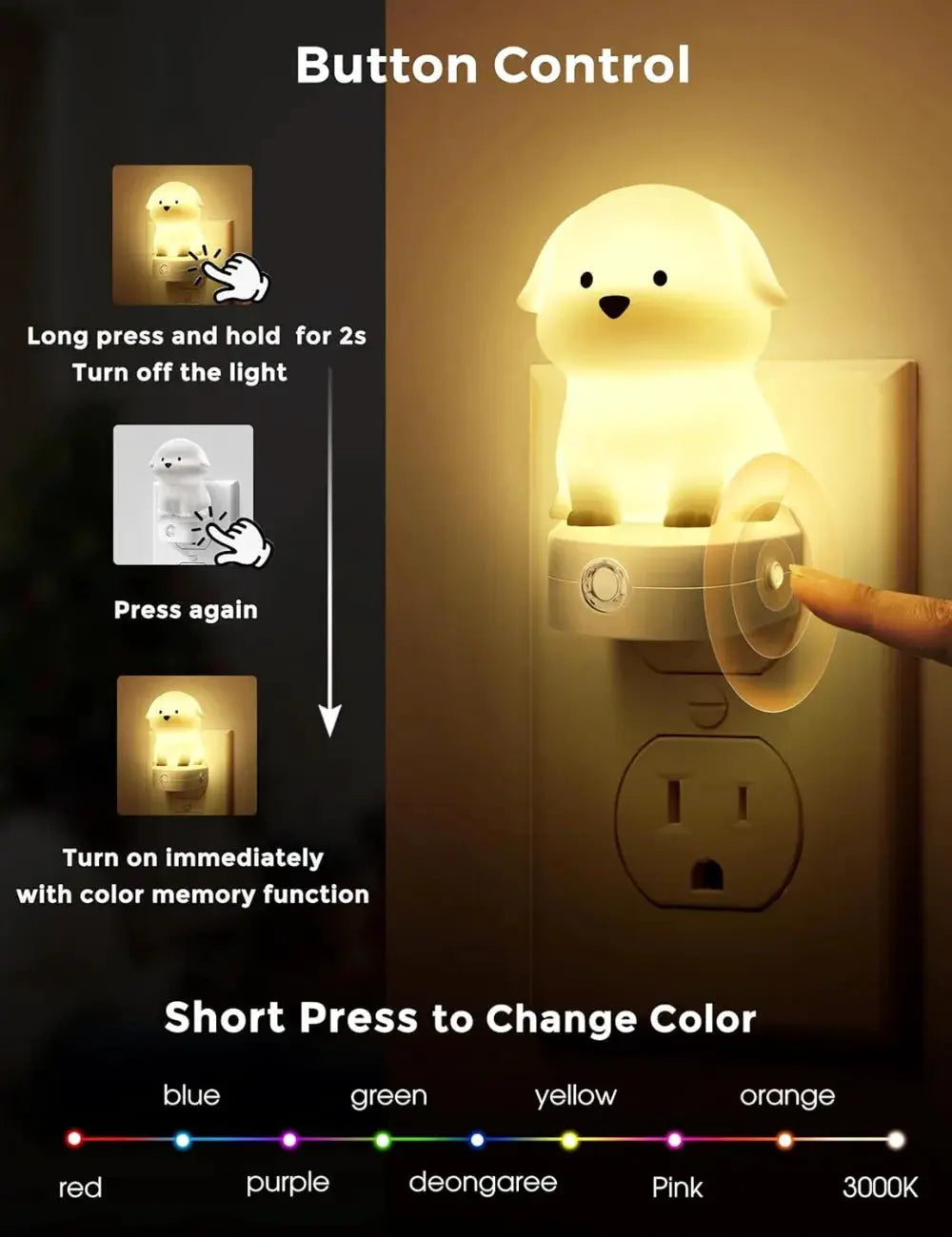 3D Cute Puppy Night Light with Dusk to Dawn Sensor, RGB+Warm White 3000K Plug-in Nightlight for Room Decor, Gift from PriceLows™