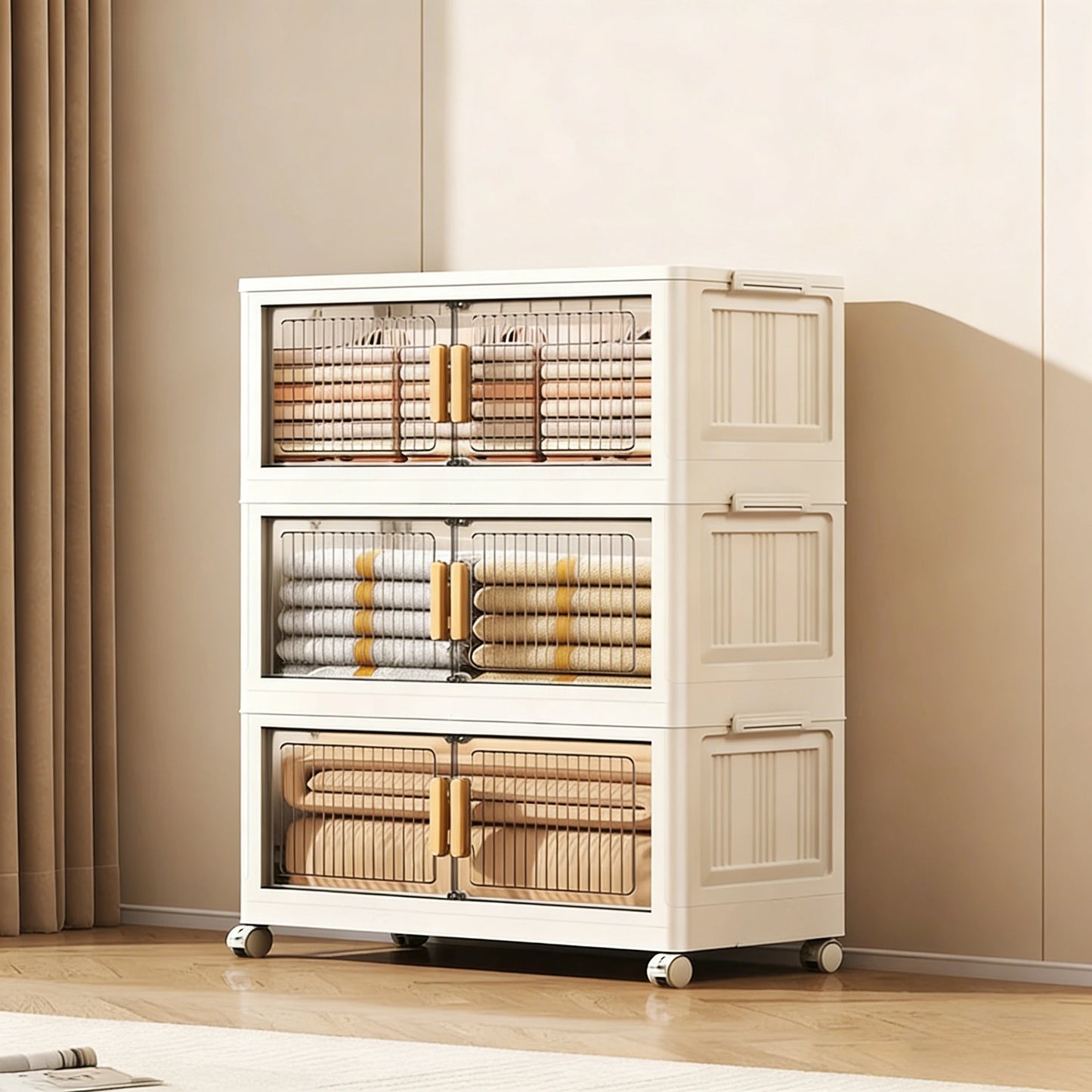 Stackable Plastic Storage Cabinet with Doors & Wheels, Large Capacity Easy-Assemble Durable Closed Bedroom Organizer from PriceLows™