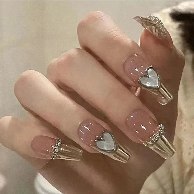 Press On Nails | Long Square Shape | Pink Blue Gradient Glitter | 24 Piece Set
