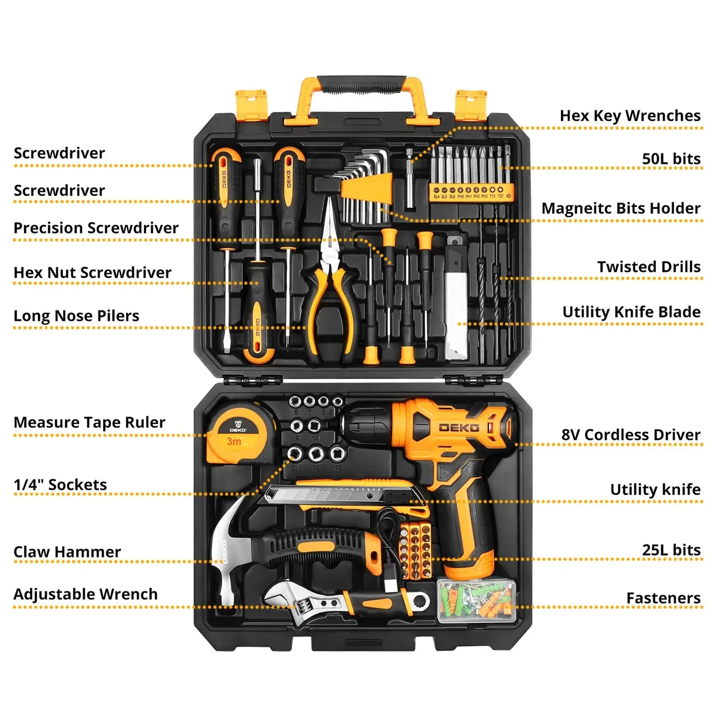 DEKO Household Hardware Tool Box 126PCS Tool Set with 8V Cordless Drill Electrician's Hardware Set Car Repairing Tools Woodwork from PriceLows™