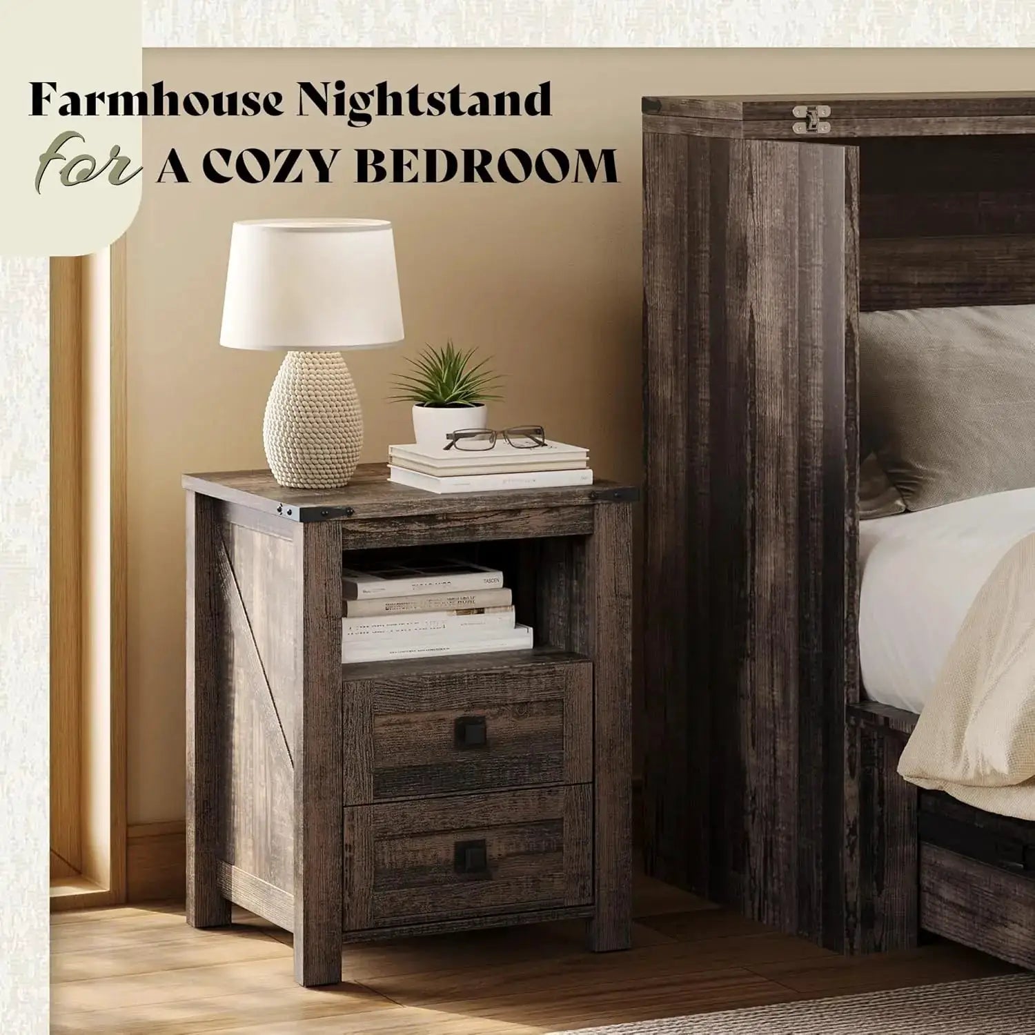 Farmhouse Nightstand Set of 2, Wooden Side Table with Drawers & Open Shelf, Narrow/Small Bedside End Table, Wood Night Stand for Bedroom/Dorm/Home Office, Rustic Black Oak from PriceLows™