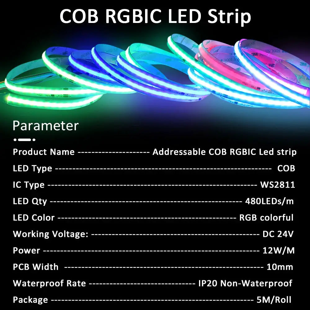 RGBIC COB LED Strip WS2811 24V 480 Diodes 5M 10M 15M 20M RGB IC Chasing Effect Lights Tape Diode Ribbon Lamp for Room Decoration from PriceLows™