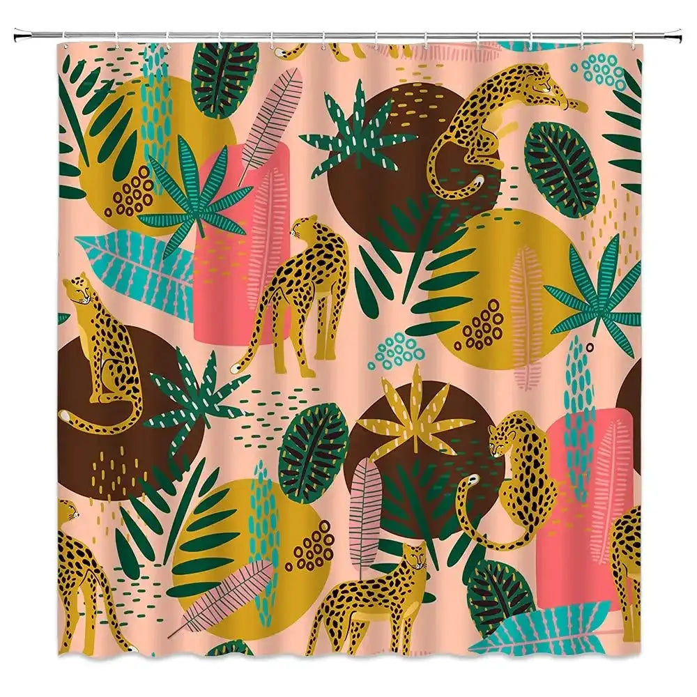 Boho Cheetah Shower Curtain,Tropical Leopard Wildlife Bath Curtain,Modern Pink Aesthetic Moon Phase Blue Floral Bathroom Curtain from PriceLows™
