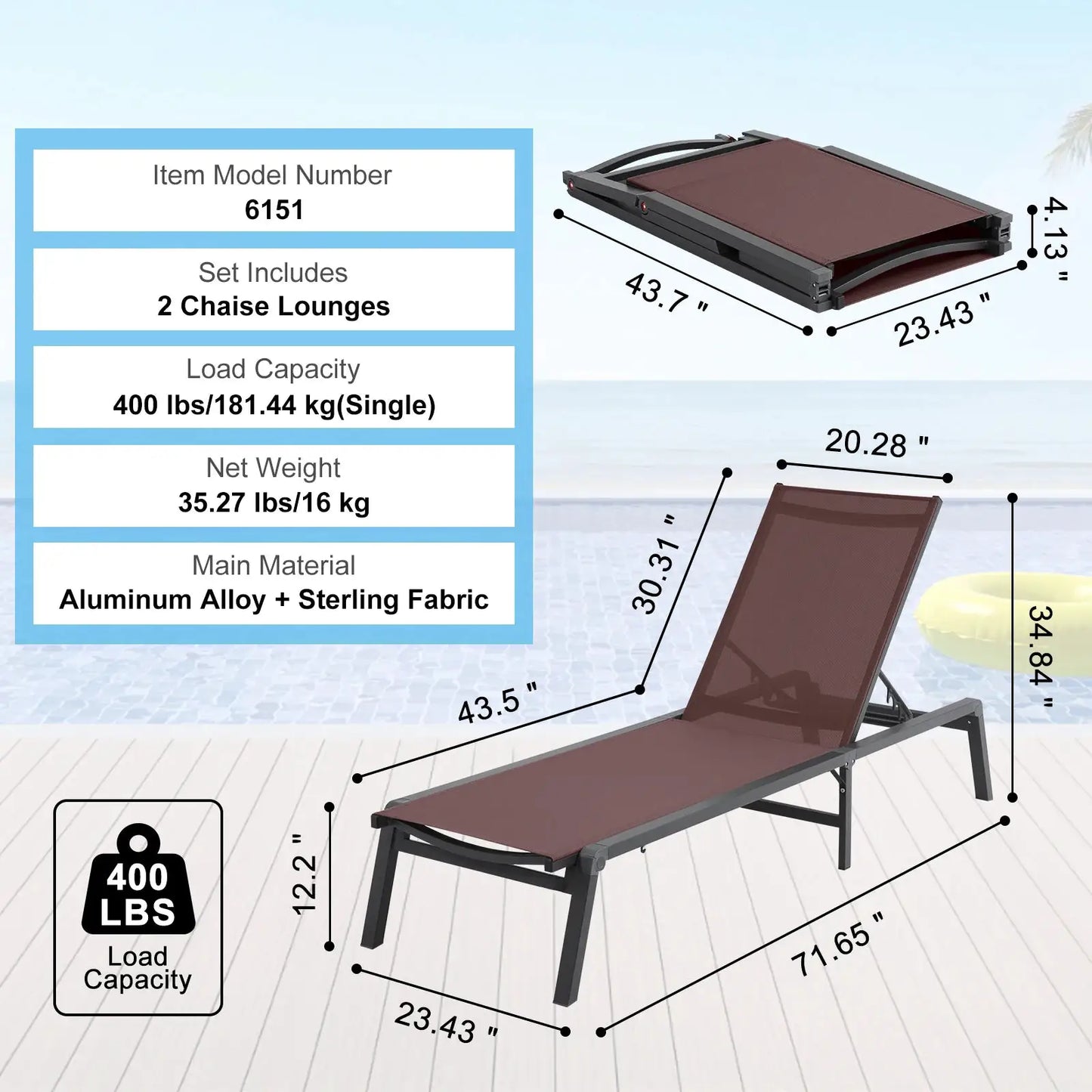 SucceBuy Chaise Lounge Chair Outdoor Aluminum Patio LoungeFolding Pool Lounge Recliner Full Flat for Patio Beach Pool Dark Grey from PriceLows™