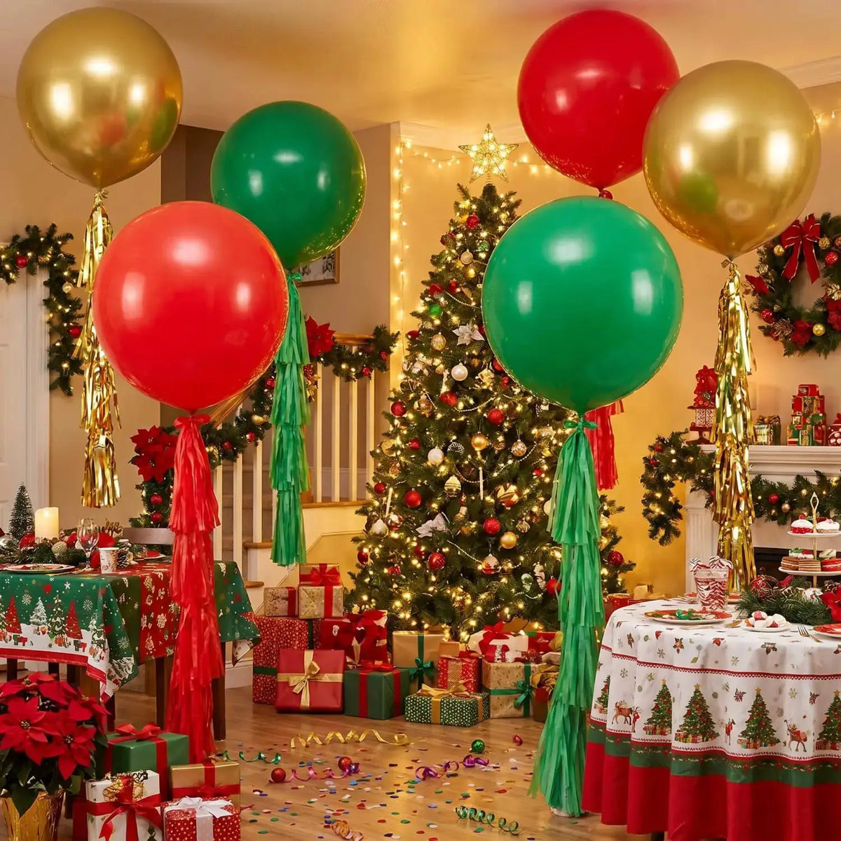 Christmas Giant Balloons | 36 Inch Latex | Tassel Tails | 6 Piece Set