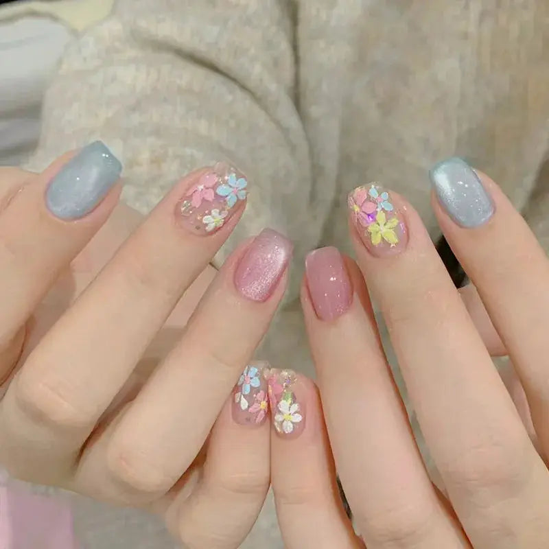 Short Almond Press On Nails | Pink Floral French | Reusable Full Cover | 24 Pcs