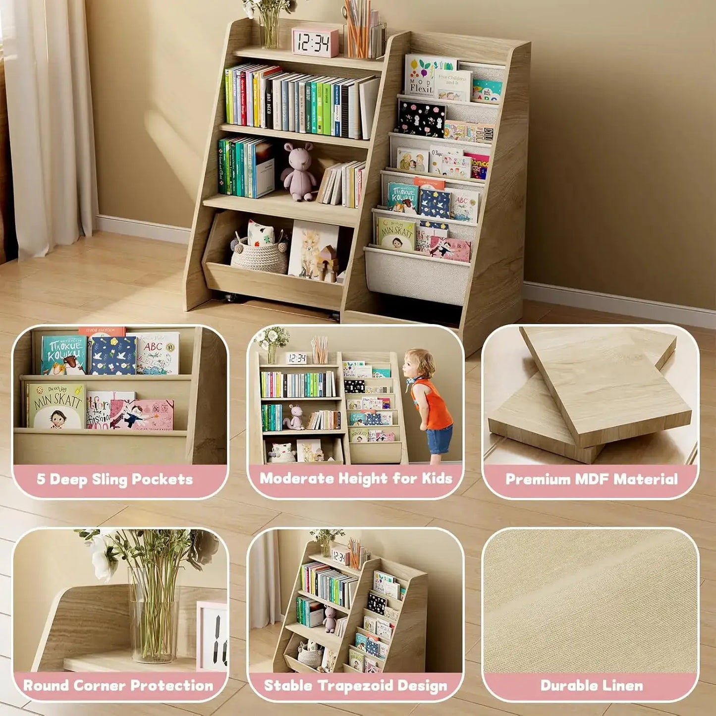 4-Tier Kids Bookshelf with Movable Drawer & 5 Pockets, Montessori Toy Storage for Playroom Nursery from PriceLows™