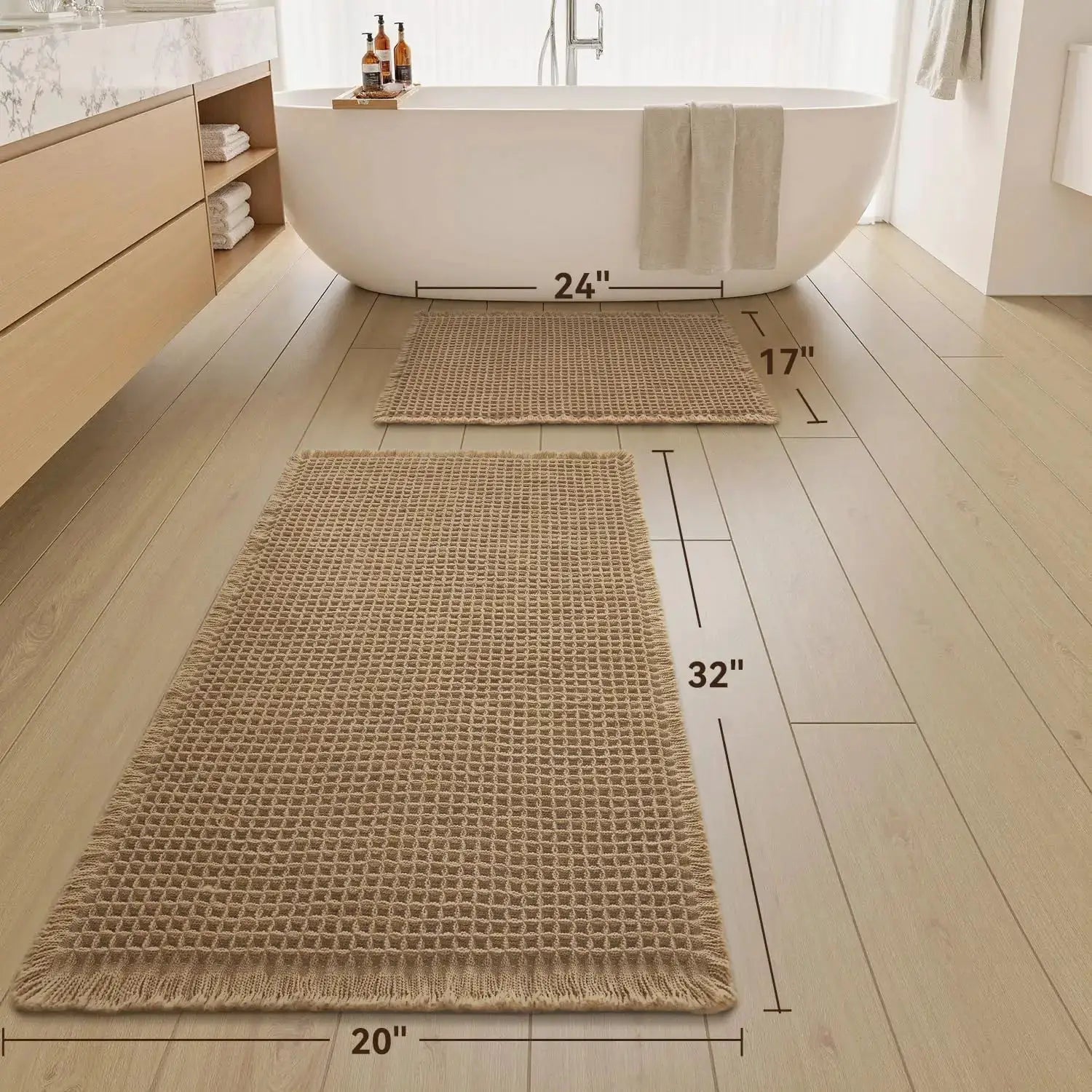 Waffle Bath Mat Set Non Slip Bathroom Rug Super Absorbent Soft Machine Washable Floor Mat with Tassels from PriceLows™